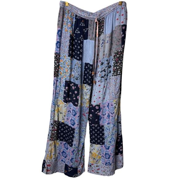 Blue Sky Patchwork Pants Wide Leg Rayon Ditsy Floral Boho Indie Cottage Size XL - Picture 2 of 8